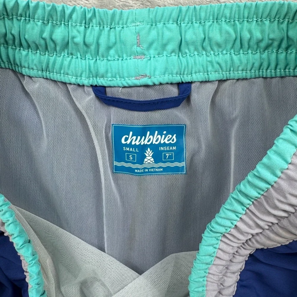 Chubbies Swim Trunks Men Small Blue Lined Drawstring Logo Slash‎ Pockets